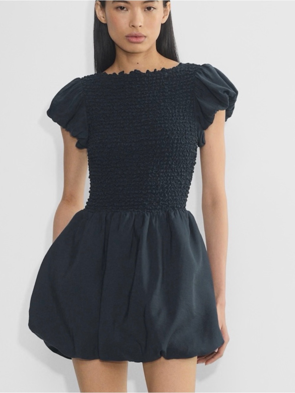 Aritzia Navy Smocked Bodice Puff-Sleeve Mini Dress